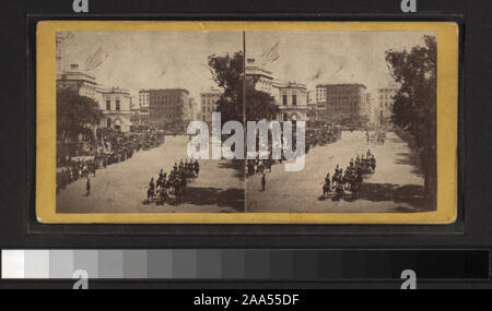 Includes views by C. Bierstadt, Anthony, William Rau and other photographers and publishers. One view of the Japanese Embassy visit has a view of dog in a backyard with laundry and a fence in the background on the verso which is included in the count above. Robert Dennis Collection of Stereoscopic Views. Title devised by cataloger. Views of parades and celebrations in New York City: parade for the Atlantic Cable Jubilee, Sept. 1, 1858; Japanese embassy in New York, June 1860, including boats in harbor with flags, military escort, etc.; Fourth of July celebration, 1860; the visit of the Edward, Stock Photo