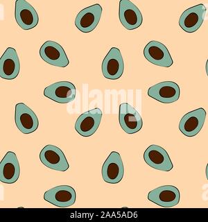 Seamless pattern with cut avocado. Cute hand drawn fruit on light orange background. Flat vector illustartion. Stock Vector