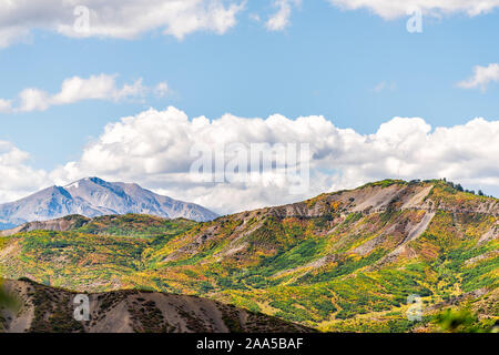 Aspen, Colorado with rocky mountains peak and vibrant color of autumn foliage on plants in roaring fork valley in 2019 Stock Photo