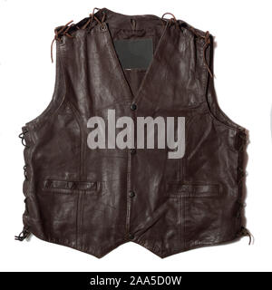 brown leather motorcycle vest on white background Stock Photo
