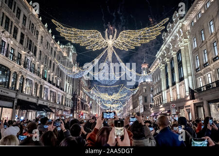 London, UK. 14th Nov 2019. Regent Street Christmas Lights switch-on with fireworks display. Credit: Guy Corbishley/Alamy Live News Stock Photo