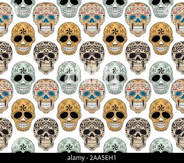 Colorful Skull with ornamental pattern.Halloween.Seamless modern abstract background. - vector Stock Vector