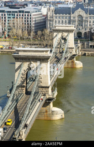 BUDAPEST, HUNGARY - MARCH 2019: The Towers and span of the Chain Bridge. it is a road bridge crossing the River Danube in the centre of Budapest. Stock Photo