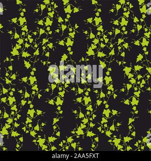 Little green leaves illustration on black background. Floral seamless pattern. - Vector Stock Vector