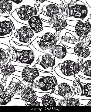 Seamless pattern with image a skull and with flowers cherry. Vector illustration. Stock Vector