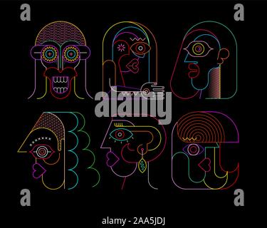 Neon colors on a black background Six Faces vector illustration. Composition of six different abstract portraits. Stock Vector