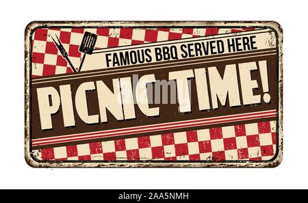 Picnic time vintage rusty metal sign on a white background, vector illustration Stock Vector