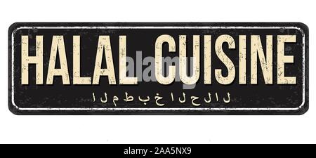 Halal cuisine vintage rusty metal sign on a white background, vector illustration Stock Vector