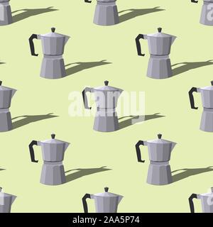 Seamless pattern with Italian geyser coffee makers on a green background. Vector flat illustration. Stock Vector