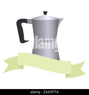 Italian geyser coffee maker with a decorative green ribbon. Place for text. Vector flat illustration. Stock Vector