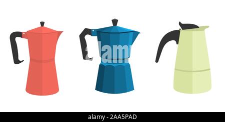 a set of three different geyser Italian coffee makers in a flat style. in different colors. red, green and blue. Vector illustration. Stock Vector