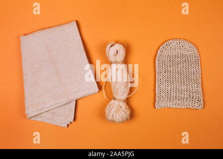 Different types of uses for hemp. Textile fiber industry. Zero waste living concept. Stock Photo