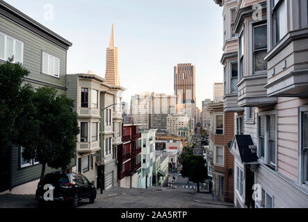 Best street view with iconic buildings shot from Peter Macchiarini Steps (end of Kearny Street) in downtown San Francisco, CA, USA Stock Photo