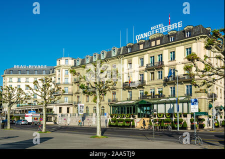 Switzerland, Geneva, Quai du Mont-Blanc, Five Star Hotels Beau Rivage and d'Angleterre Stock Photo