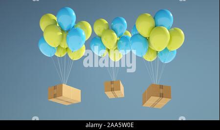 Three cardboard boxes sent by air with balloons. Air shipments to the whole world. Stock Photo
