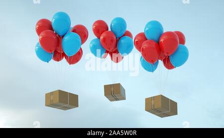 Boxes carried by red and blue balloons by air. Fast and secure package shipping. Stock Photo