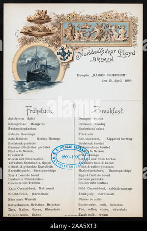 MENU IN GERMAN AND ENGLISH; ILLUSTRATION OF STEAMSHIP; BACK OF MENU PRINTED FOR USE AS A POSTCARD 1899-0343; BREAKFAST [held by] NORDDEUTCHER LLOYD BREMEN [at] KAISER FRIEDRICH AT SEA (SS; FOR;) Stock Photo