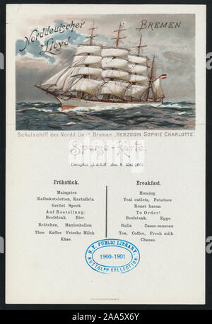 MENU IN GERMAN AND ENGLISH; COLORED ILLUSTRATION OF SCHULSCHIFF HERZOGIN SOPHIE CHARLOTTE; BACK OF MENU FOR USE AS POSTCARD; BREAKFAST [held by] NORDDEUTSCHER LLOYD BREMEN [at] EN ROUTE ABOARD DAMPFER LAHN (SS;) Stock Photo