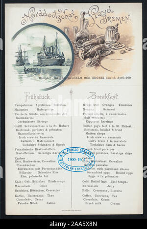 MENU IN GERMAN AND ENGLISH; ILLUSTRATION OF STEAMSHIP AND SEAFOOD;; SUITABLE FOR MAILING 1900-2771; BREAKFAST [held by] NORDDEUTSCHER LLOYD BREMEN [at] EN ROUTE ABOARD KAISER WILHELM DER GROSSE (SS;) Stock Photo