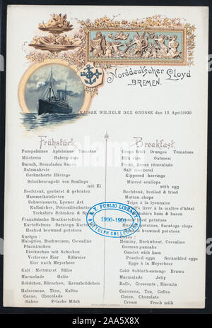 MENU IN GERMAN AND ENGLISH; ILLUSTRATION OF STEAMSHIP AND GRECIAN PLAQUE; SUITABLE FOR MAILING 1900-2768; BREAKFAST [held by] NORDDEUTSCHER LLOYD BREMEN [at] EN ROUTE ABOARD KAISER WILHELM DER GROSSE (SS;) Stock Photo