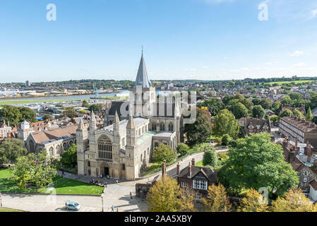 Rochester Cathedral, as viewed from Rochester castle. You also see the River Medway and the city of Chatham in the background. Stock Photo