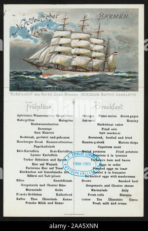 MENU IN GERMAN AND ENGLISH; IMPRINTED ON BACK AS POSTCARD; ILLUSTRATION OF SAILING SHIP BARBAROSSA; BREAKFAST [held by] NORDEUTSCHER LLOYD [at] EN ROUTE ABOARD HERZOGIN SOPHIE CHARLOTTE (SS;) Stock Photo