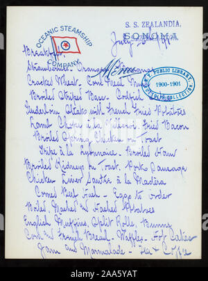 Handwritten Printed In Violet Ink Company Flag At Top Citation Reference 1901 44 Luncheon Held By Oceanic Steamship At S S Zealandia Sonoma Ss Stock Photo Alamy