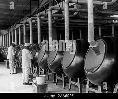 Making gum tablets, like chiclets is more interesting After going through practically the same process as placed in great vats that are continually revolving. The Peppermint sugar coating is poured into the vats and chiclets tossed about inside, take on the uniform amount of sugar coating. The great vats in which the chiclets are placed for the coating process is shown. Stock Photo