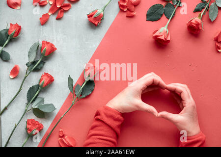 Beautiful trendy geometric flat lay in red and natural colors with coral color roses. Female hands in fluffy red fleece showing heart shape sign up ov Stock Photo