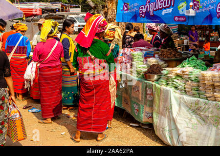 Ethnic Minority Women Shopping In The Market, Pindaya, Shan State, Myanmar. Stock Photo