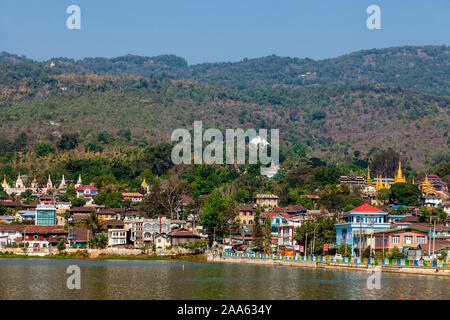 Lake Pone Taloke and The Town Of Pindaya, Shan State, Myanmar. Stock Photo