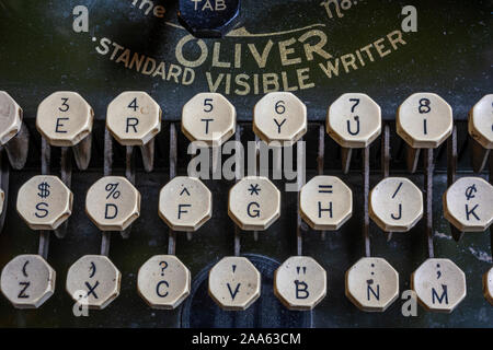 Close up detail of old manual Oliver typewriter No. 5 originally purchased used in the 1930's. Stock Photo