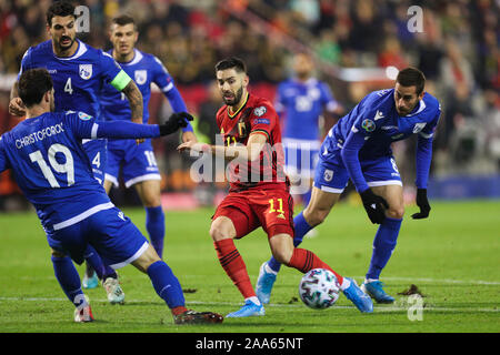 Brussels, Belgium. 19th Nov, 2019. Yannick Carrasco (2nd R) of Belgium passes the ball during a UEFA Euro 2020 group I qualifying match between Belgium and Cyprus in Brussels, Belgium, Nov. 19, 2019. Credit: Zheng Huansong/Xinhua/Alamy Live News Stock Photo