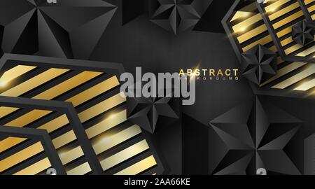 Abstract geometric background. 3D vector illustration. Triangle or black pyramid shape. hexagon with a golden stripe pattern. Stock Vector