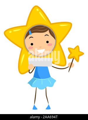 Illustration of a Kid Girl Wearing a Big Star and Holding a Star Wand and a Blank Flashcard Stock Photo