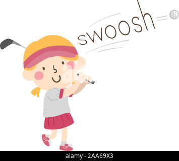 Illustration of Swoosh Sound and a Kid Girl Playing Golf. Learning Onomatopoeia Stock Photo