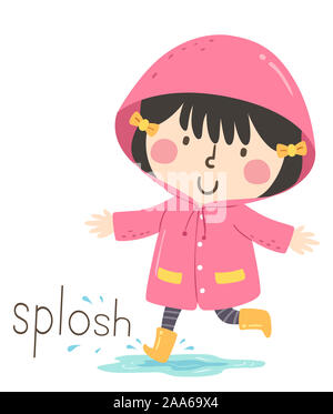 Illustration of Splosh Sound and a Kid Girl Wearing Raincoat and Boots and Playing in Water Puddle. Learning Onomatopoeia Stock Photo