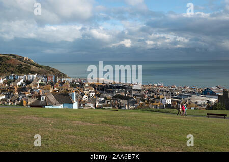 View over Hastings Old Town from West Hill to the sea, East Sussex, UK Stock Photo