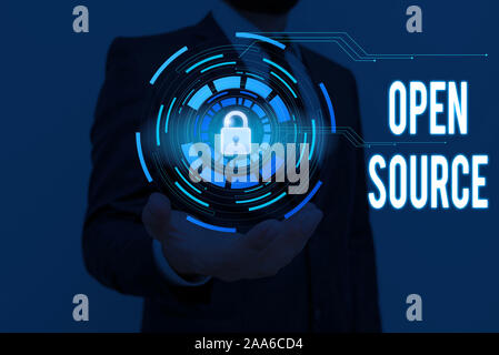 Writing note showing Open Source. Business concept for denoting software which original source code is made free Stock Photo