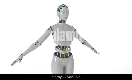 Robot woman working white background, 3d render Stock Photo