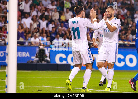 La Coruña,Spain .August 20, 2017 .Gareth Bale and Karim Benzema of Real Madrid celebrate a goal during the La Liga match between RC Deportivo de La Co