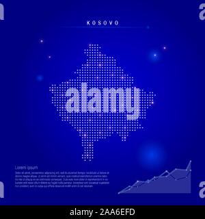 Kosovo illuminated map with glowing dots. Infographics elements. Dark blue space background. Vector illustration. Growing chart, lorem ipsum text. Stock Vector