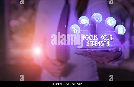 Writing note showing Focus Your Strength. Business concept for Improve skills work on weakness points think more Stock Photo