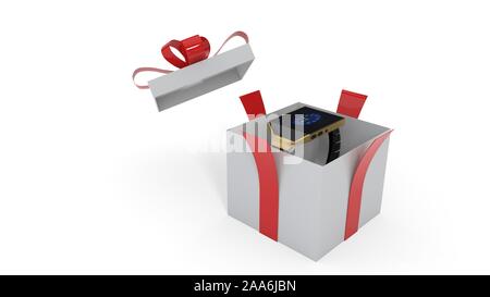 Smart watch surprise in gift box, 3d render Stock Photo