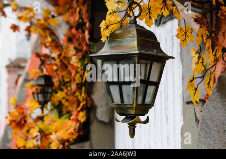 close-up, old street lamp against the background of a wall and autumn foliage Stock Photo