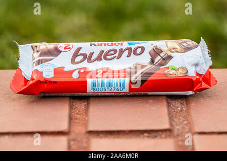 Kinder Bueno, milk and hazelnuts. Chocolate bar, a very popular dessert for children, made by Italian confectionery maker Ferrero Stock Photo