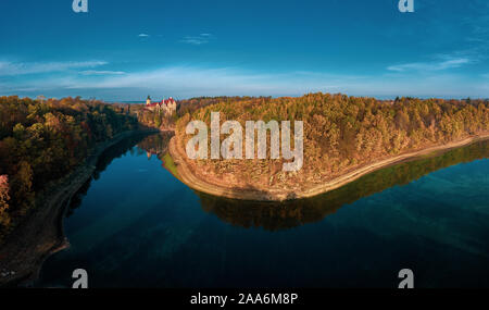 Panoramic view on Czocha Castle, Poland. Drone photography. Stock Photo