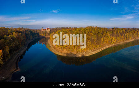 Panoramic view on Czocha Castle, Poland. Drone photography. Stock Photo