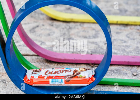 Kinder Bueno, milk and hazelnuts. Chocolate bar, a very popular dessert for children, made by Italian confectionery maker Ferrero Stock Photo