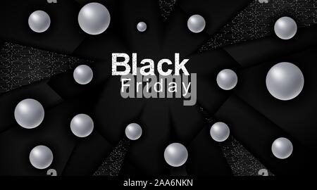 Black Friday sales poster. Black triangle background technology with connected dots and line patterns. 3d Sphere. Vector illustration of a business. Stock Vector